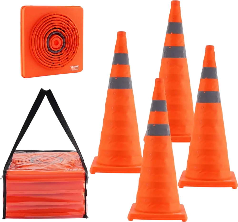 VEVOR Safety Cones, 4 Pack 28 inch Collapsible Traffic Cones, Construction Cones with Reflective Collars, Wide Base and A Storage Bag, for Traffic Control, Driving Training, Parking Lots