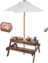 VEVOR Kids Picnic Table with Umbrella, 3-in-1 Sand & Water Table, Outdoor Wooden Table and Bench Set with 2 Trays, 4-People Patio Dining Furniture for Garden, Backyard and Porch (Walnut)