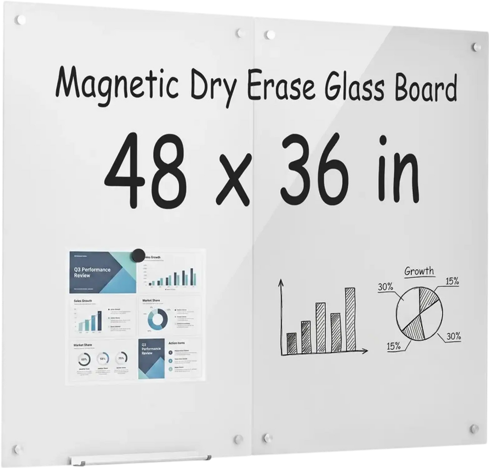VEVOR Glass Dry Erase Board 2 Pack 35.4 x 23.6 in White Magnetic Whiteboard, Wall-Mounted, Frameless, Thick Tempered Glass, with Markers, Magnets and Eraser, for Office, School Classroom, Home Study