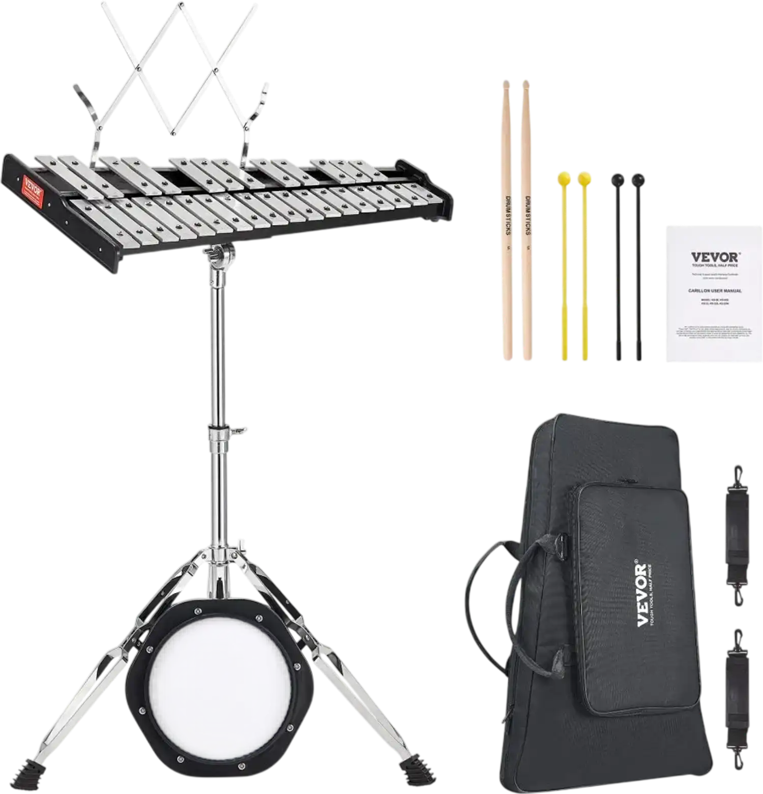 Vevor Glockenspiel 30-Note Xylophone Bell Kit with Stand, Mallets, Drum Sticks, Music Stand, 8