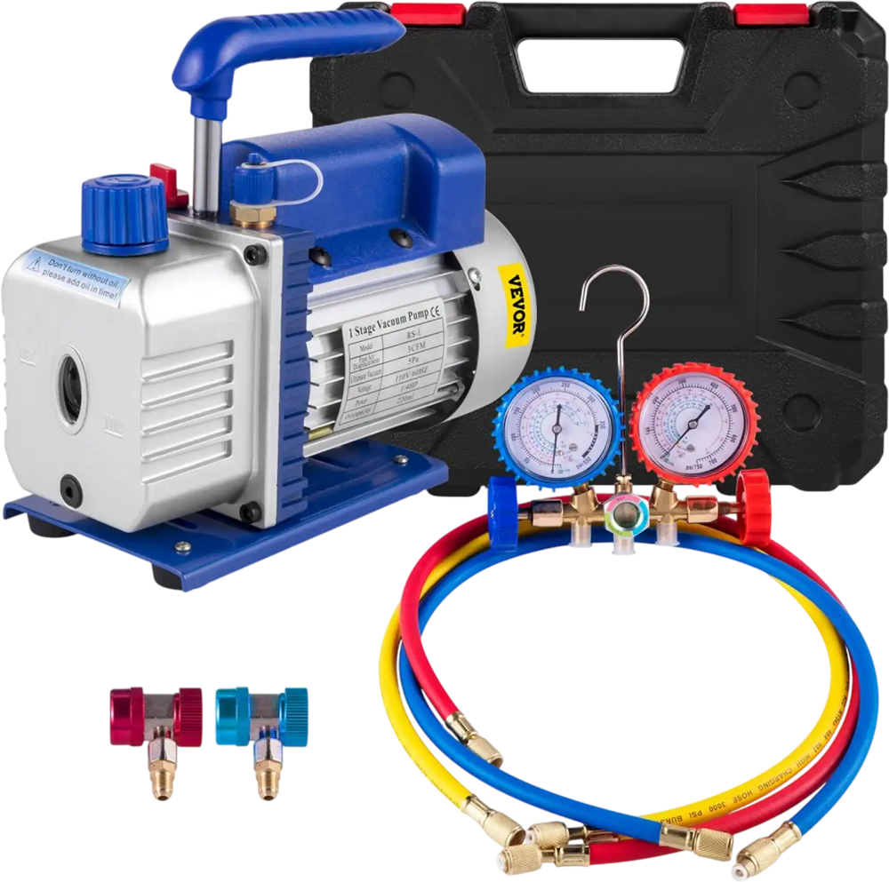 VEVOR 3CFM 1/4HP Single Stage Air Vacuum Pump HVAC R134a R12 R22 R410a A/C Refrigeration Kit AC Manifold Gauge R134 Can Tap Included Carrying Tote