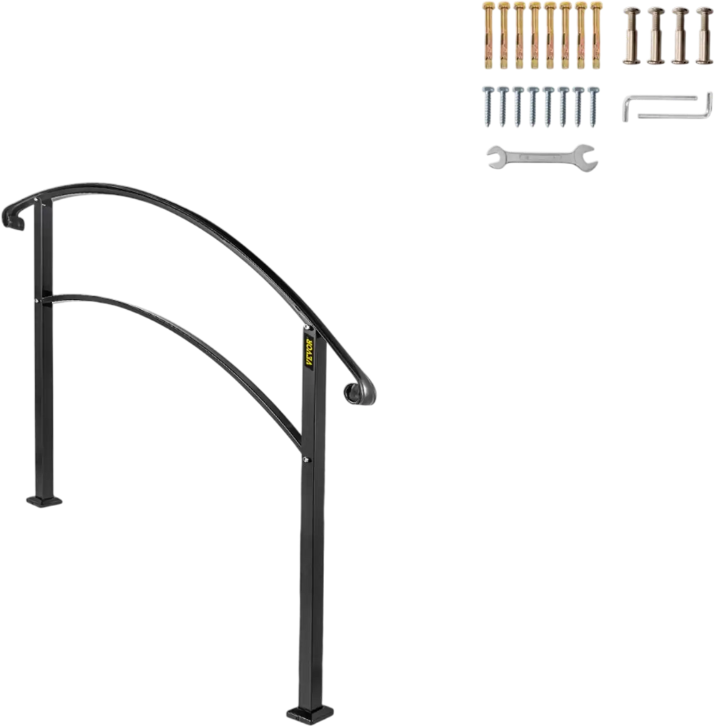 VEVOR Handrails for Outdoor Steps, Fit 1 or 3 Steps Outdoor Stair Railing, Black Wrought Iron Handrail, Flexible Front Porch Hand Rail, Transitional Handrails for Concrete Steps or Wooden Stairs