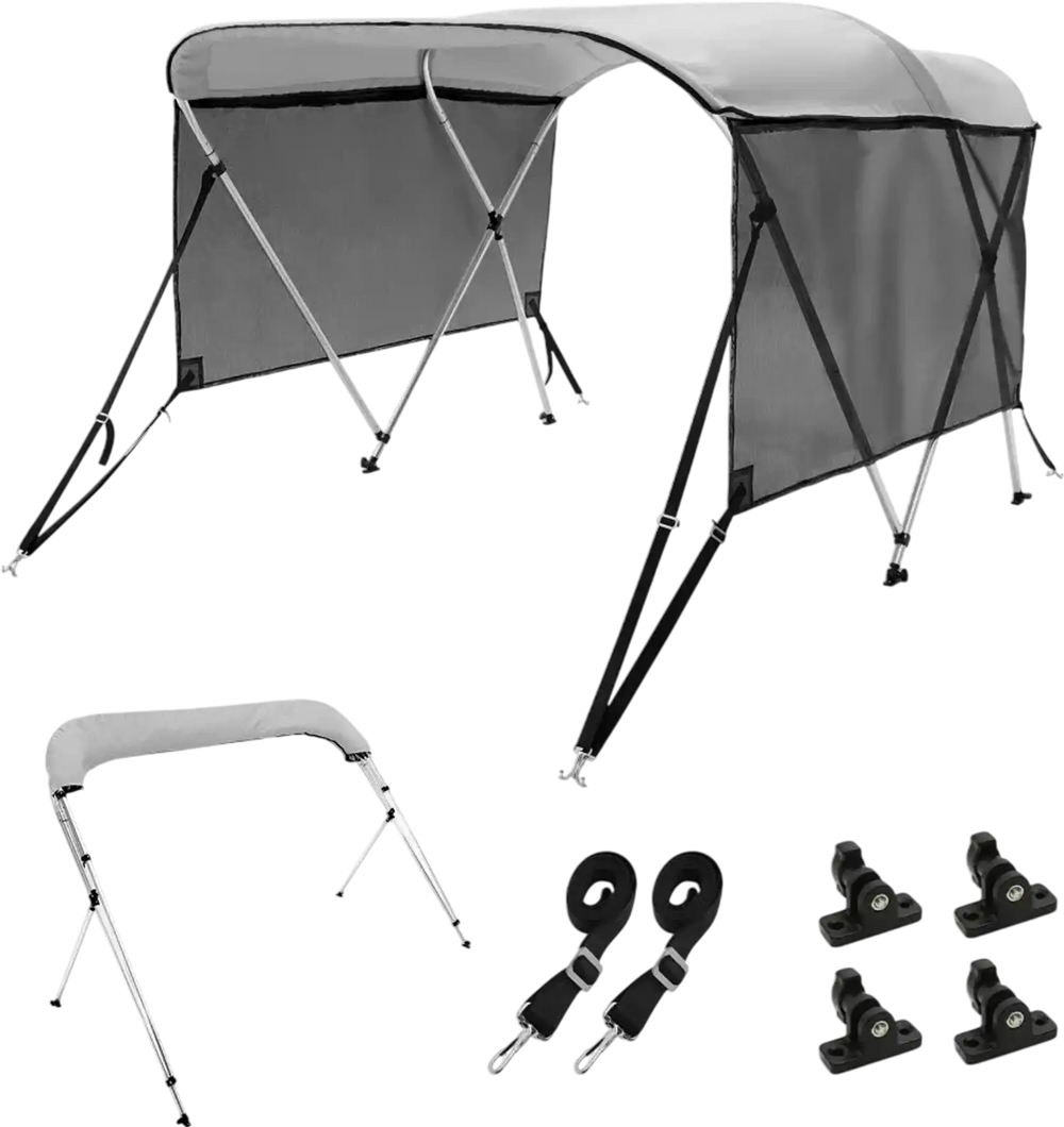 VEVOR 3 Bow Bimini Top Boat Cover, Detachable Mesh Sidewalls, 600D Polyester Canopy with 1" Aluminum Alloy Frame, Includes Storage Boot, 2 Support Poles, 2 Straps, 6'L x 46"H x 61"-66"W, Light Grey
