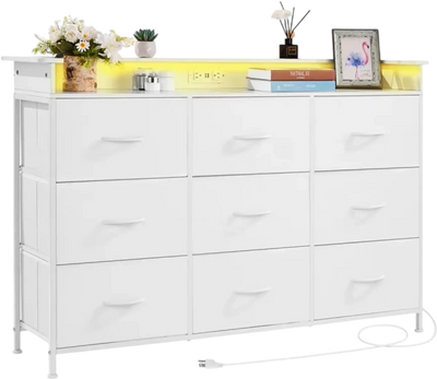 Vevor Dresser White 9-Drawer Fabric Storage Tower with LED Lights & Built-In Outlet New