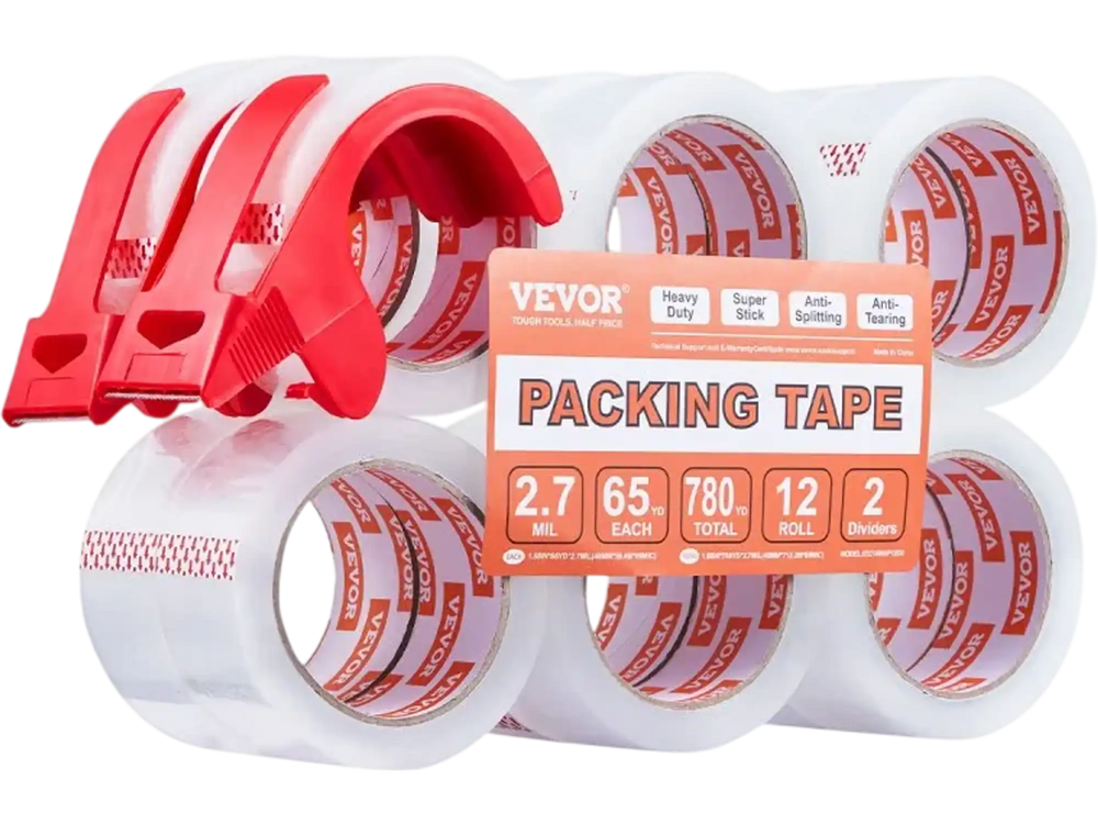 VEVOR Clear Packing Tape, 3 inches Core, 12 Rolls 1.88 Inches x 65 Yards Packing Tape with Dispenser, 2.7 Mil Heavy Duty Packaging Tape Designed for Moving, Storage and Packing, Shipping and Mailing