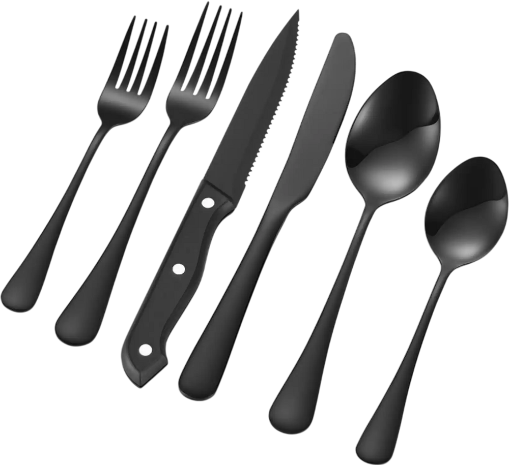 VEVOR 48-Piece Black Silverware Set with Steak Knives, Food-Grade Stainless Steel Flatware Utensils for 8, Mirror Finished Cutlery Set, Dishwasher Safe Eating Tableware for Kitchen Home, Service for 8