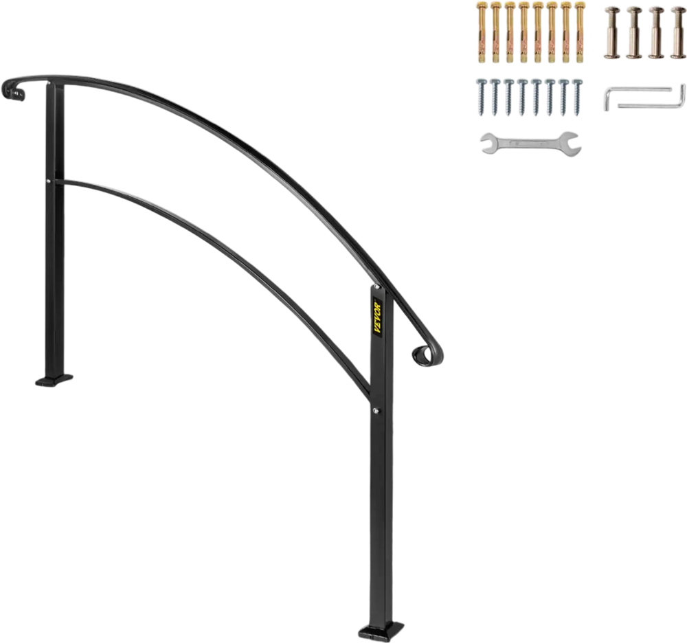 VEVOR 4-Step Handrail Fits 1 or 4 Steps Matte Black Stair Rail Wrought Iron Handrail with Installation Kit Hand Rails for Outdoor Steps
