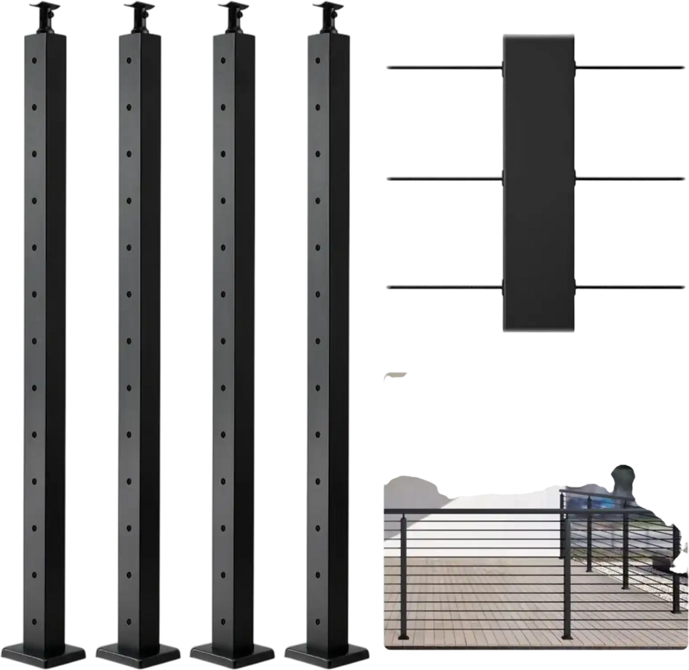 VEVOR 4-Pack Cable Railing Post, 42" x 2" x 2" Steel Horizontal Hole Deck Railing Post, 13 Pre-Drilled Holes, SUS304 Stainless Steel Cable Rail Post with Horizontal and Curved 4JZLGZ106755EAEN9V0