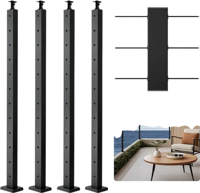 VEVOR 4-Pack Cable Railing Post, 42x2x2 In Horizontal-Hole Deck Railing Post with Pre-Drilled Holes, Stainless Steel Cable Rail Post with Horizontal and Curved Bracket, Black, 4JZLGZXHS106URZU0001V0