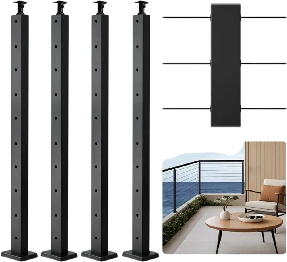 VEVOR 4-Pack Cable Railing Post, 36x1x2 In Horizontal-Hole Deck Railing Post with Pre-Drilled Holes, Stainless Steel Cable Rail Post with Horizontal and Curved Bracket, Black, 4JZLGZXHS914UUOI6001V0