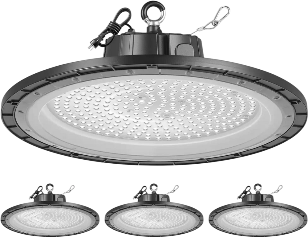 VEVOR 4 Pack LED High Bay Lights, 5000K 250W 36000LM Super Bright UFO LED Warehouse Shop Lights, IP65 Waterproof, 100-277V Wide Voltage for Warehouse Workshop Factory Gym Garage Barn, Black