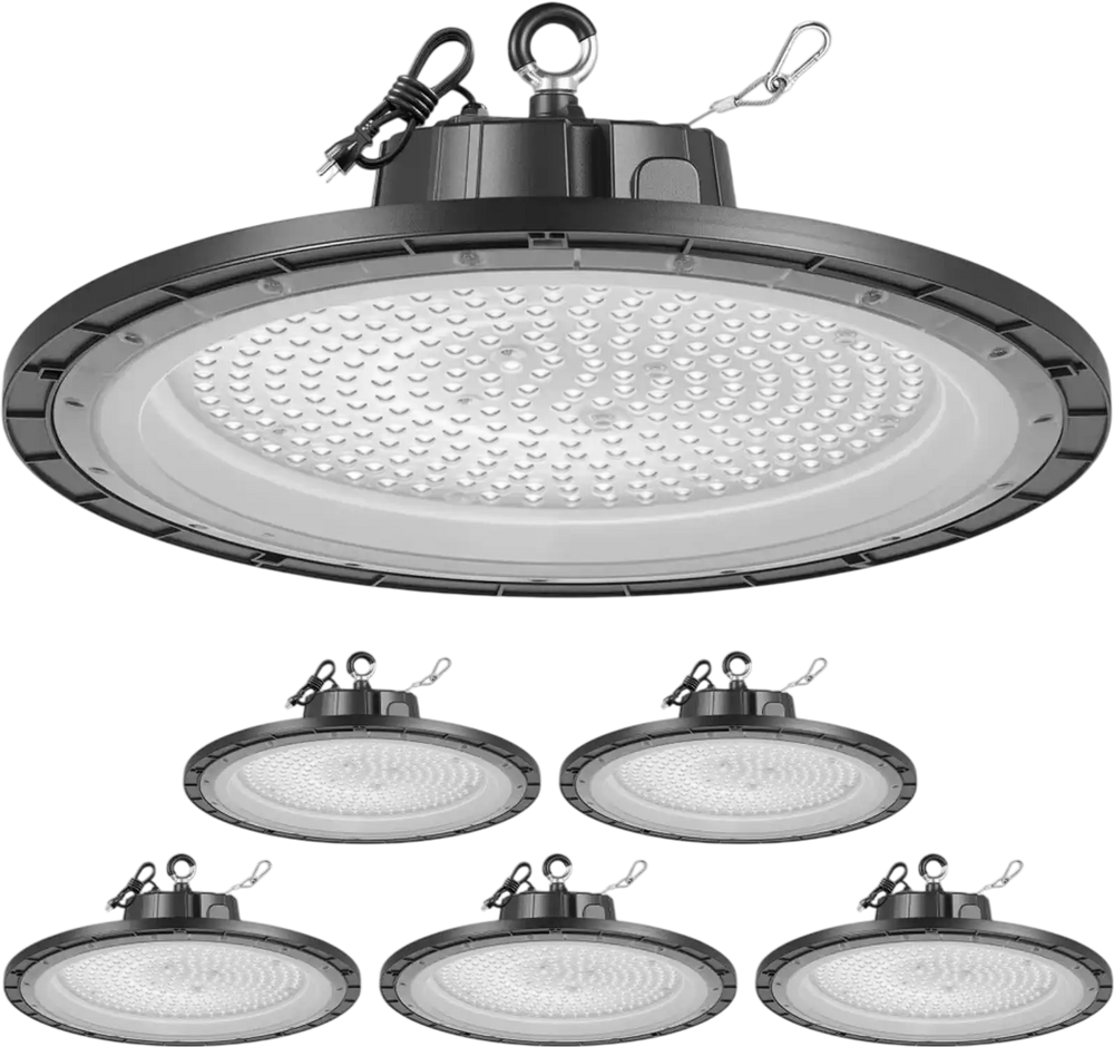 VEVOR 6 Pack LED High Bay Lights, 5000K 150W 21000LM Super Bright UFO LED Warehouse Shop Lights, IP65 Waterproof, 100-277V Wide Voltage for Warehouse Workshop Factory Gym Garage Barn, Black