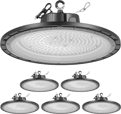 VEVOR 6 Pack LED High Bay Lights, 5000K 200W 30000LM Super Bright UFO LED Warehouse Shop Lights, IP65 Waterproof, 100-277V Wide Voltage for Warehouse Workshop Factory Gym Garage Barn, Black