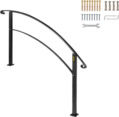 VEVOR Handrails for Outdoor Steps, Fit 1 or 5 Steps Outdoor Stair Railing, Black Wrought Iron Handrail, Flexible Front Porch Hand Rail, Transitional Handrails for Concrete Steps or Wooden Stairs