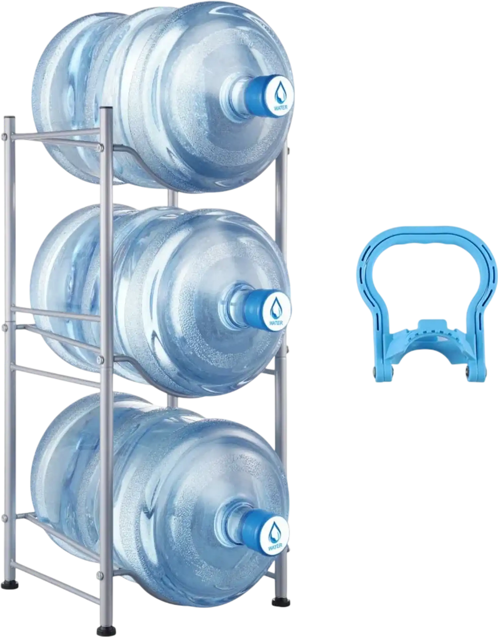 VEVOR 3 Tiers Water Jug Holder, 5 Gallon Water Bottle Holder, Single Row Water Bottle Rack for 3 Bottles, Heavy Duty Water Jug Rack for Kitchen, Office, Living Room, Silver