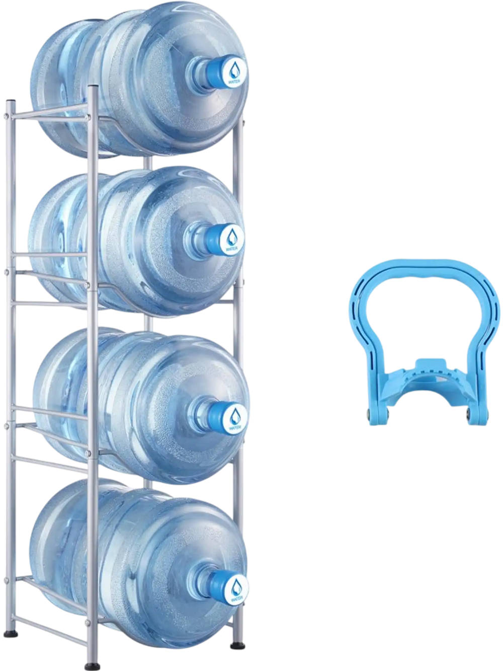 VEVOR 4 Tiers Water Jug Holder, 5 Gallon Water Bottle Holder, Single Row Water Bottle Rack for 4 Bottles, Heavy Duty Water Jug Rack for Kitchen, Office, Living Room, Silver