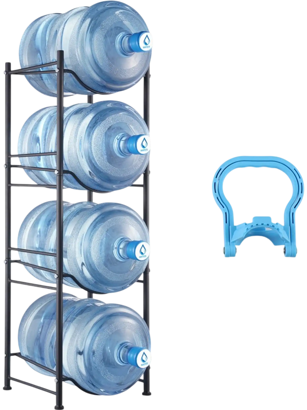 VEVOR 4 Tiers Water Jug Holder, 5 Gallon Water Bottle Holder, Single Row Water Bottle Rack for 4 Bottles, Heavy Duty Water Jug Rack for Kitchen, Office, Living Room, Black