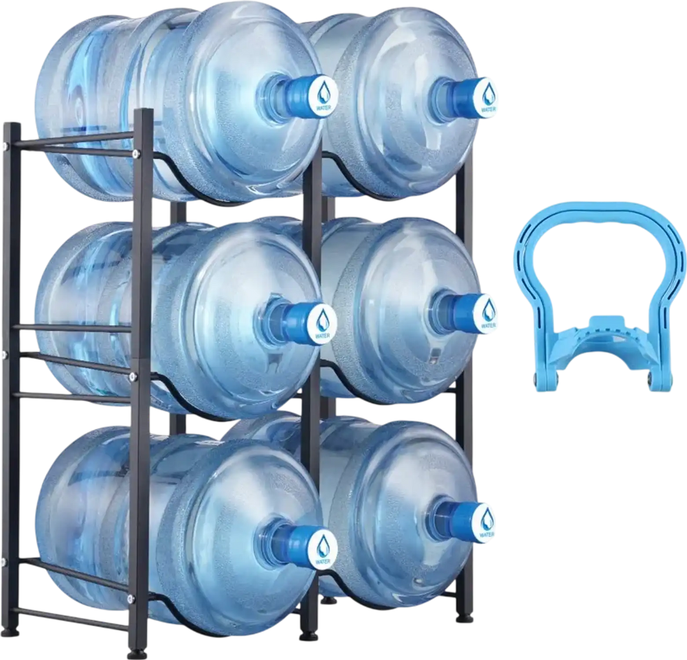 VEVOR 3 Tiers Water Jug Holder, 5 Gallon Water Bottle Holder, Double Row Water Bottle Rack for 6 Bottles, Heavy Duty Water Jug Rack for Kitchen, Office, Living Room, Black
