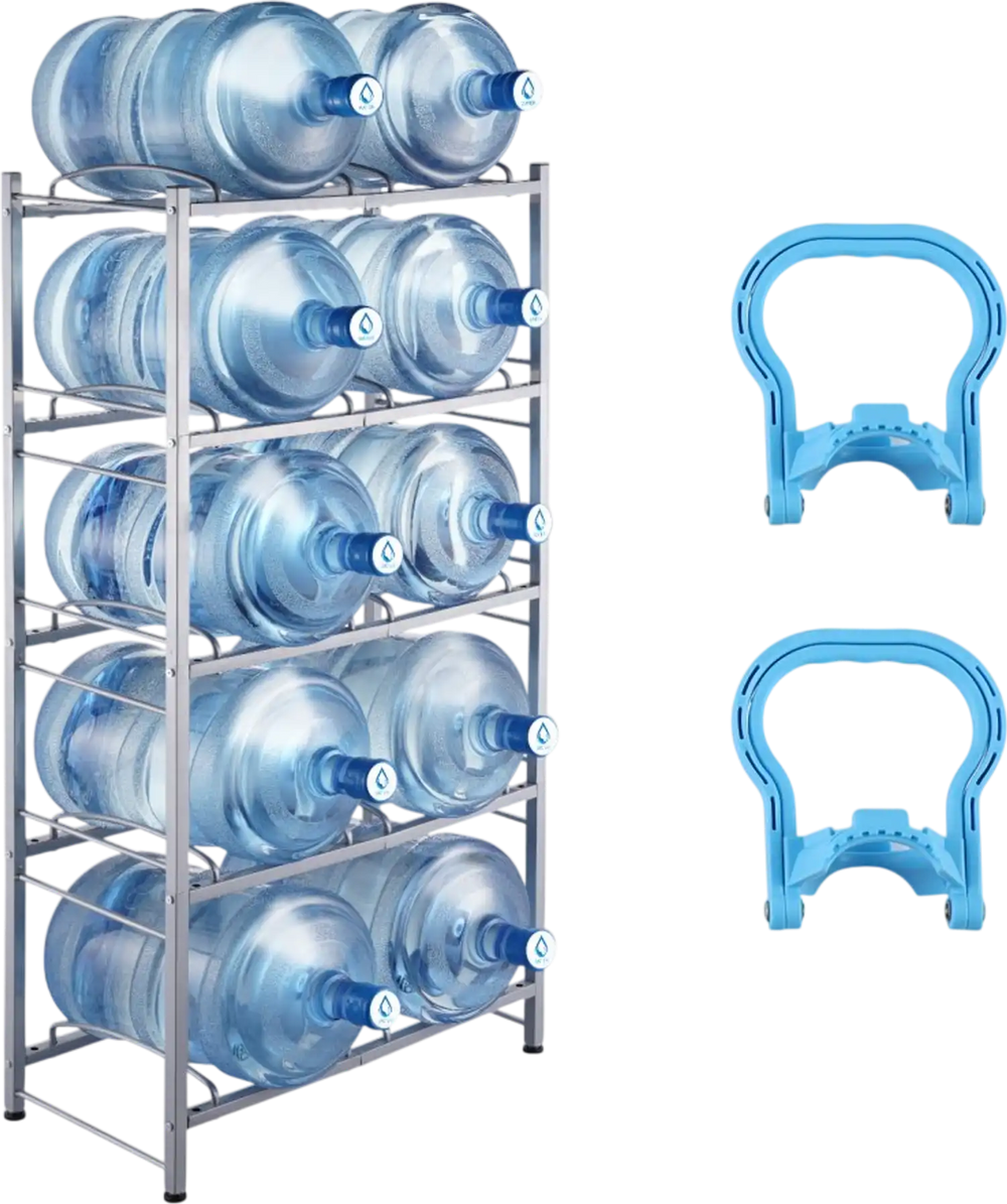 VEVOR 5 Tiers Water Jug Holder, 5 Gallon Water Bottle Holder, Double Row Water Bottle Rack for 10 Bottles, Heavy Duty Water Jug Rack for Kitchen, Office, Living Room, Silver Gray