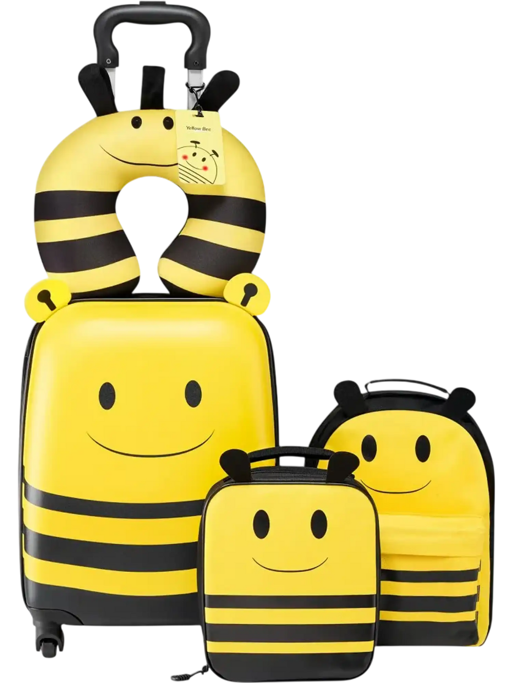 VEVOR Kids Luggage Set, 5 Piece, 18 Inch Hardside Rolling Wheels Suitcase with Backpack & U-shape Pillow, Bee Kids Carry on Luggage Set, Holiday Birthday Gift for Girls Boys, Airline Approved