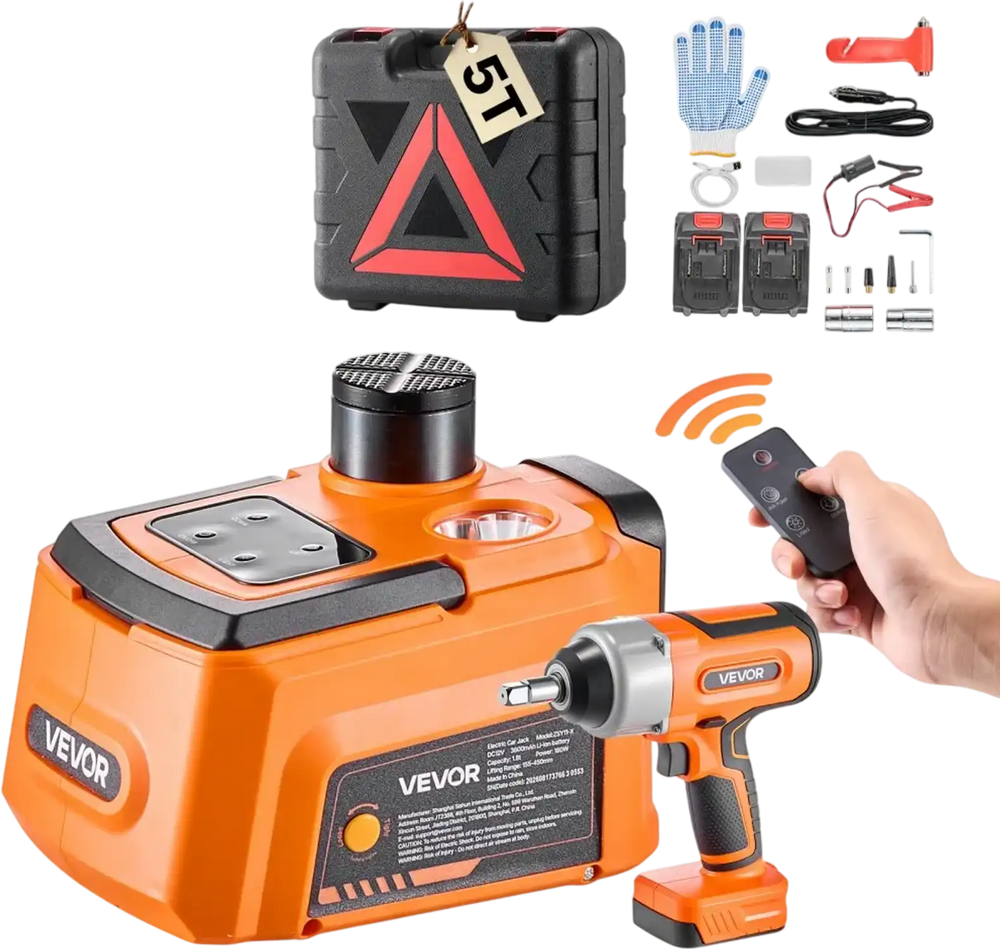 VEVOR 5T Cordless Electric Car Jack with Air Wrench & 2PCS Batteries, 12V Remote Control Hydraulic Car Floor Jack, 6.1-17.7 in Lift Height, 12V Portable Tire Changer with LED Light for SUV Pickup