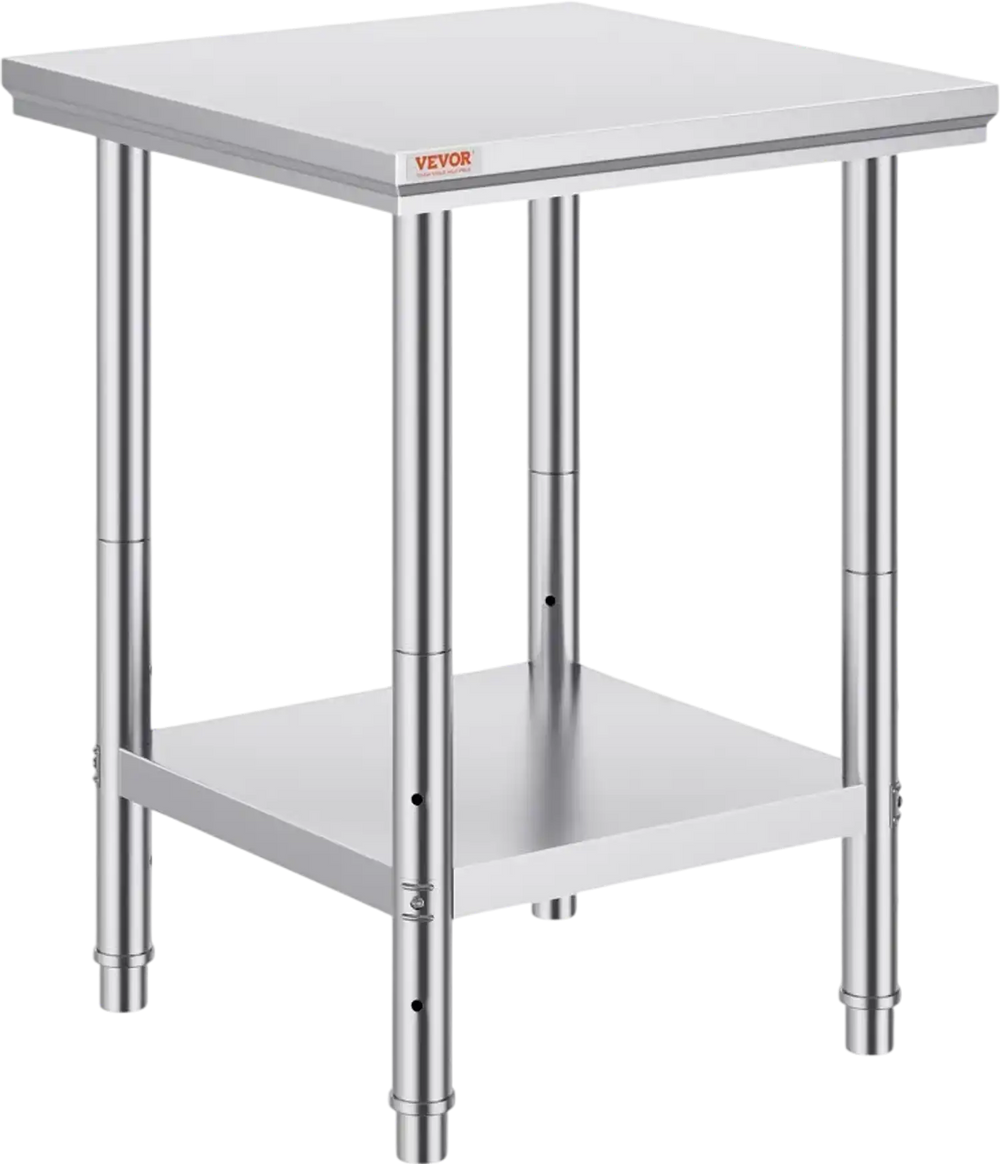 VEVOR Stainless Steel Prep Table, 24 x 24 x 31 Inch, 700 lbs Load Capacity, Heavy Duty Metal Worktable with 3 Adjustable Height Levels, Commercial Workstation for Kitchen Garage Restaurant Backyard