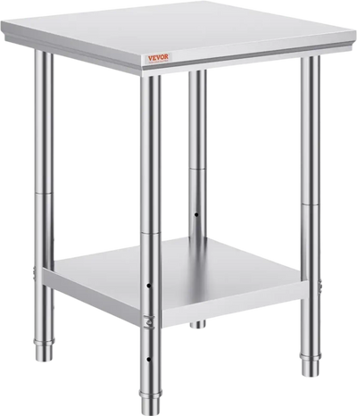 VEVOR Stainless Steel Prep Table, 24 x 24 x 31 Inch, 700 lbs Load Capacity, Heavy Duty Metal Worktable with 3 Adjustable Height Levels, Commercial Workstation for Kitchen Garage Restaurant Backyard