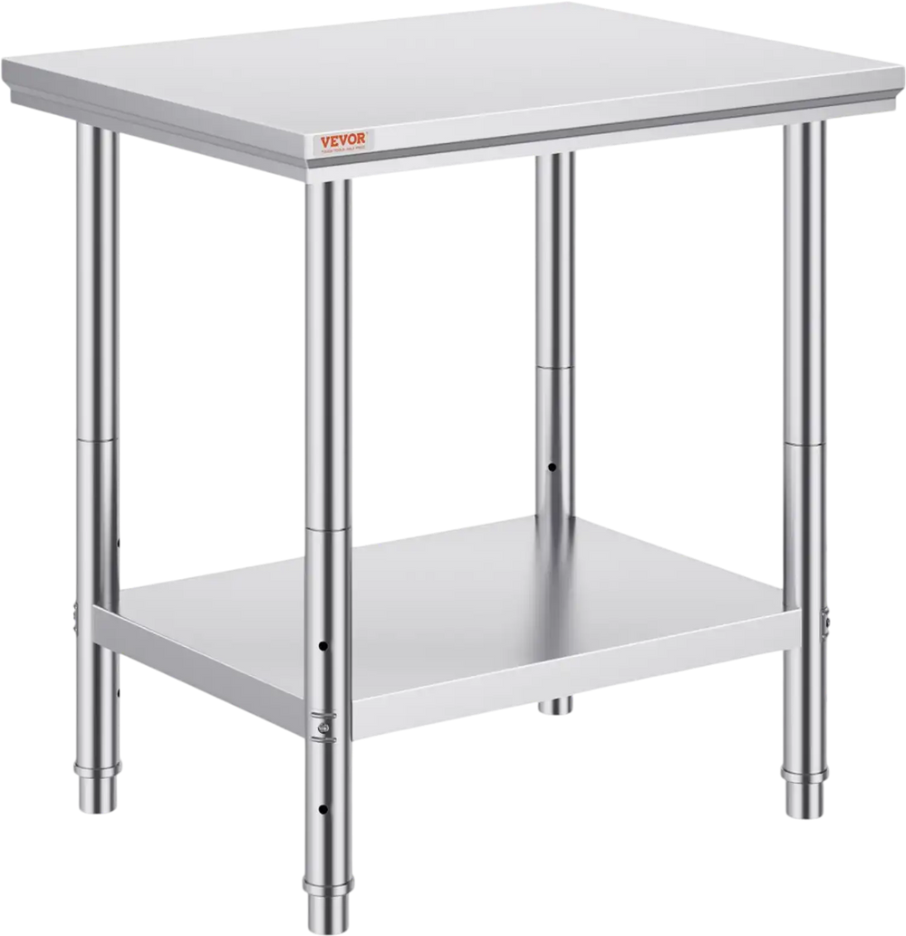 VEVOR Stainless Steel Prep Table, 24 x 30 x 31 Inch, 700 lbs Load Capacity, Heavy Duty Metal Worktable with 3 Adjustable Height Levels, Commercial Workstation for Kitchen Garage Restaurant Backyard