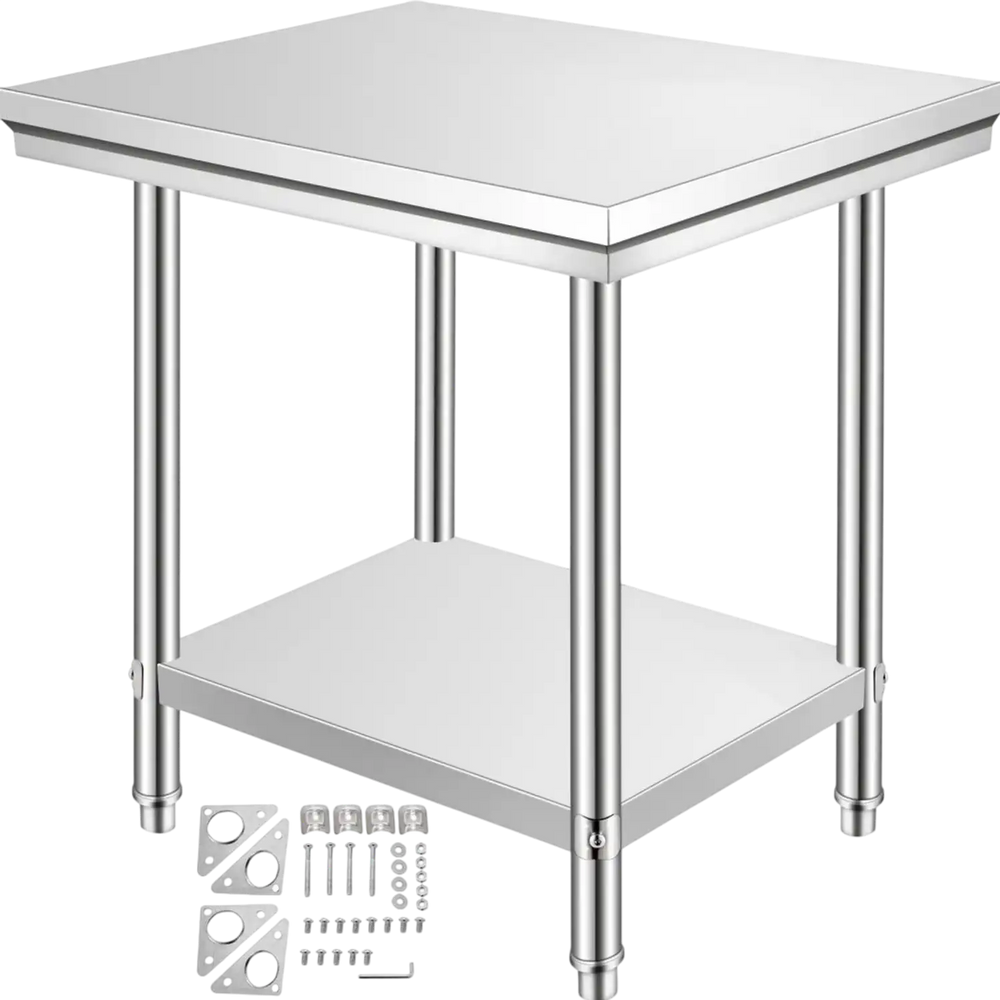 VEVOR Stainless Steel Prep Table, 900x600x800 mm, 700 lbs Load Capacity, Heavy Duty Metal Worktable with 3 Adjustable Height Levels, Commercial Workstation for Kitchen Garage Restaurant Backyard