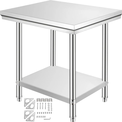 VEVOR Stainless Steel Prep Table, 900x600x800 mm, 700 lbs Load Capacity, Heavy Duty Metal Worktable with 3 Adjustable Height Levels, Commercial Workstation for Kitchen Garage Restaurant Backyard