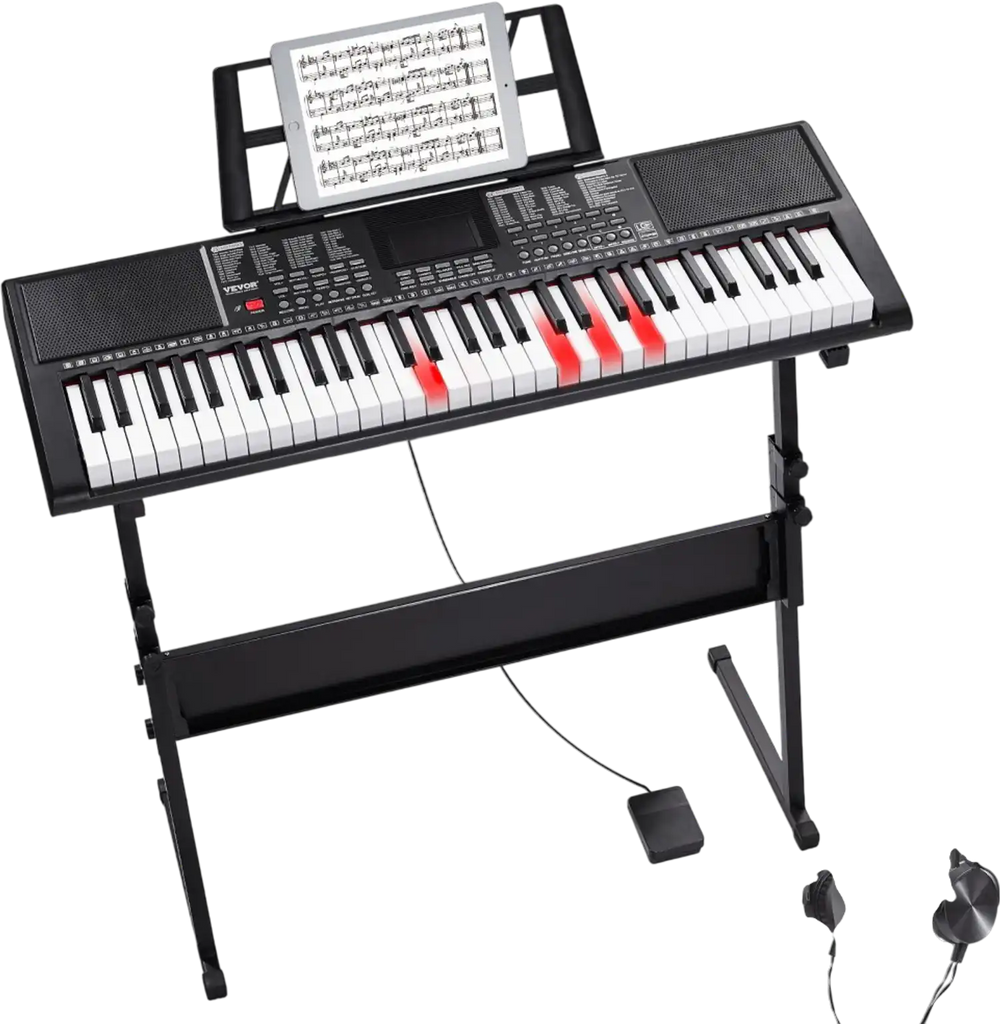 VEVOR 61 Key Digital Keyboard Piano, Lighted Keys, Electric Portable Piano with Adjustable Stand 600 Tones 500 Rhythms Built-In Speakers Sustain Pedal Headphones, USB MIDI for Beginners
