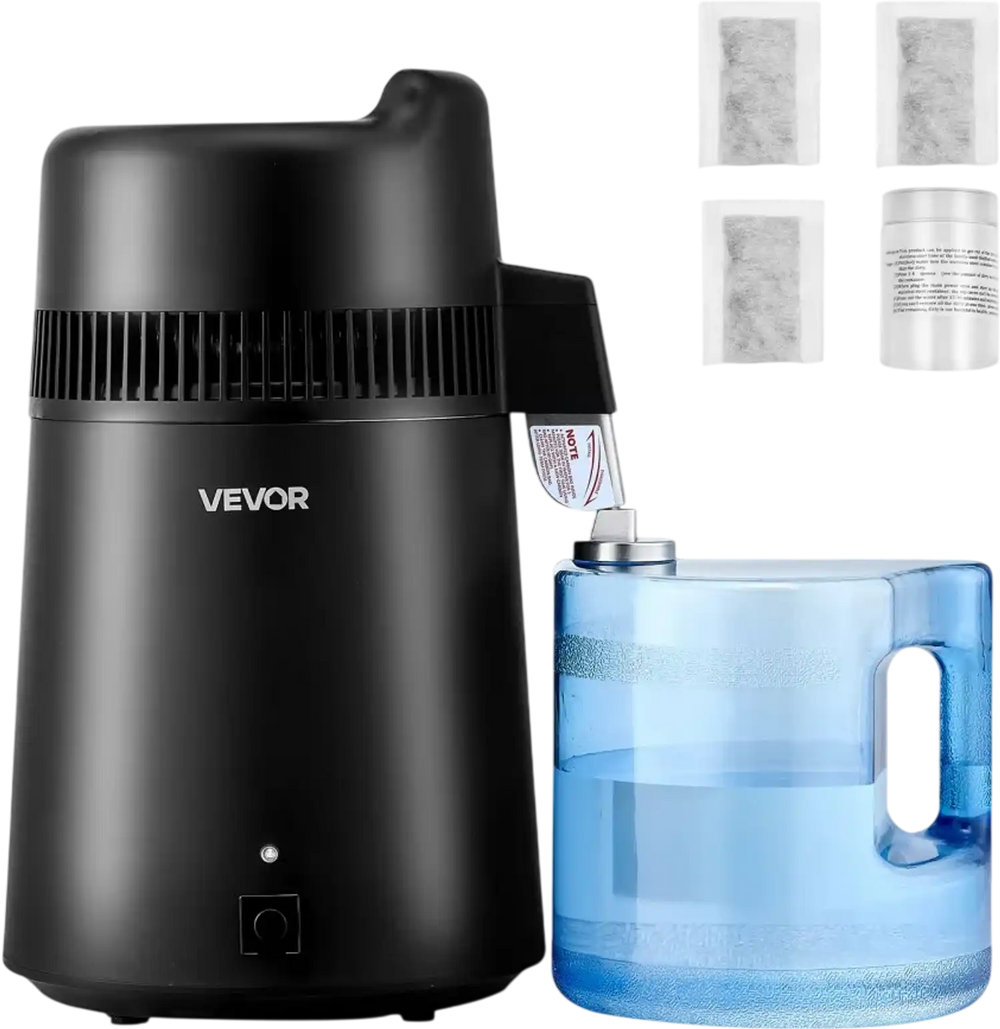 VEVOR Water Distiller, 6L 1.6 Gallon Larger Pure Water Purifier Filter For Home Table Countertop, 900W Plastic Distilled Maker, Stainless Steel Interior Drinking Machine to Make Clean Waters, Black