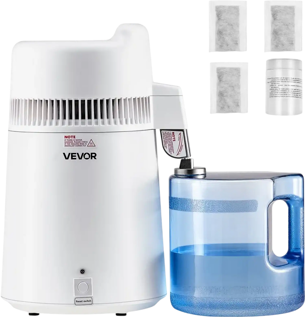 VEVOR Water Distiller, 6L 1.6 Gallon Larger Pure Water Purifier Filter For Home Table Countertop, 900W Plastic Distilled Maker, Stainless Steel Interior Drinking Machine to Make Clean Waters, White