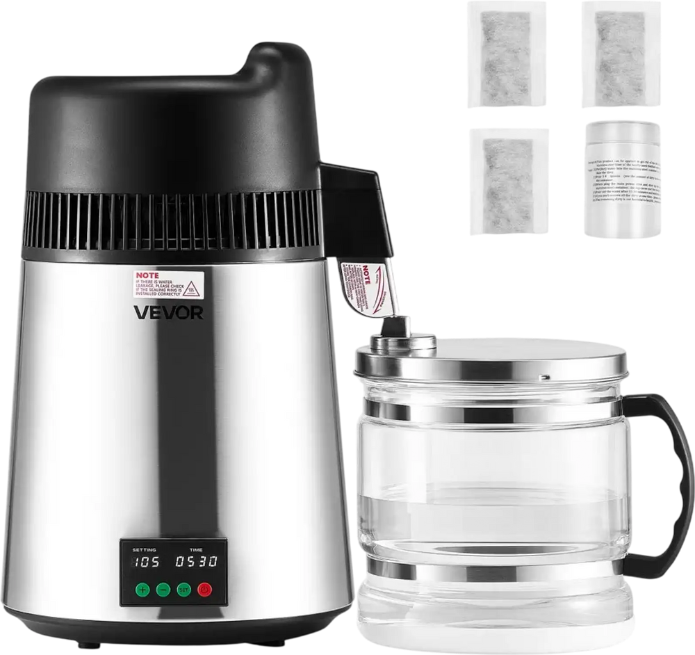 VEVOR Water Distiller, 6L 1.6 Gallon Larger Pure Water Purifier Filter For Home Table Countertop, 900W Glass Pot Distilled Maker, Stainless Steel Interior Drinking Machine to Make Clean Waters, Silver