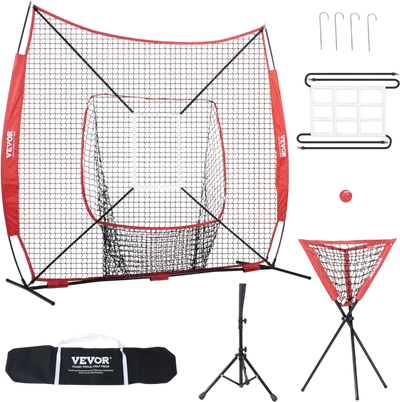 VEVOR 7x7 ft Baseball Softball Practice Net, Portable Baseball Training Net for Hitting Catching Pitching, Backstop Baseball Equipment with Bow Frame, Carry Bag, Strike Zone, Ball, Tee, Ball Collector