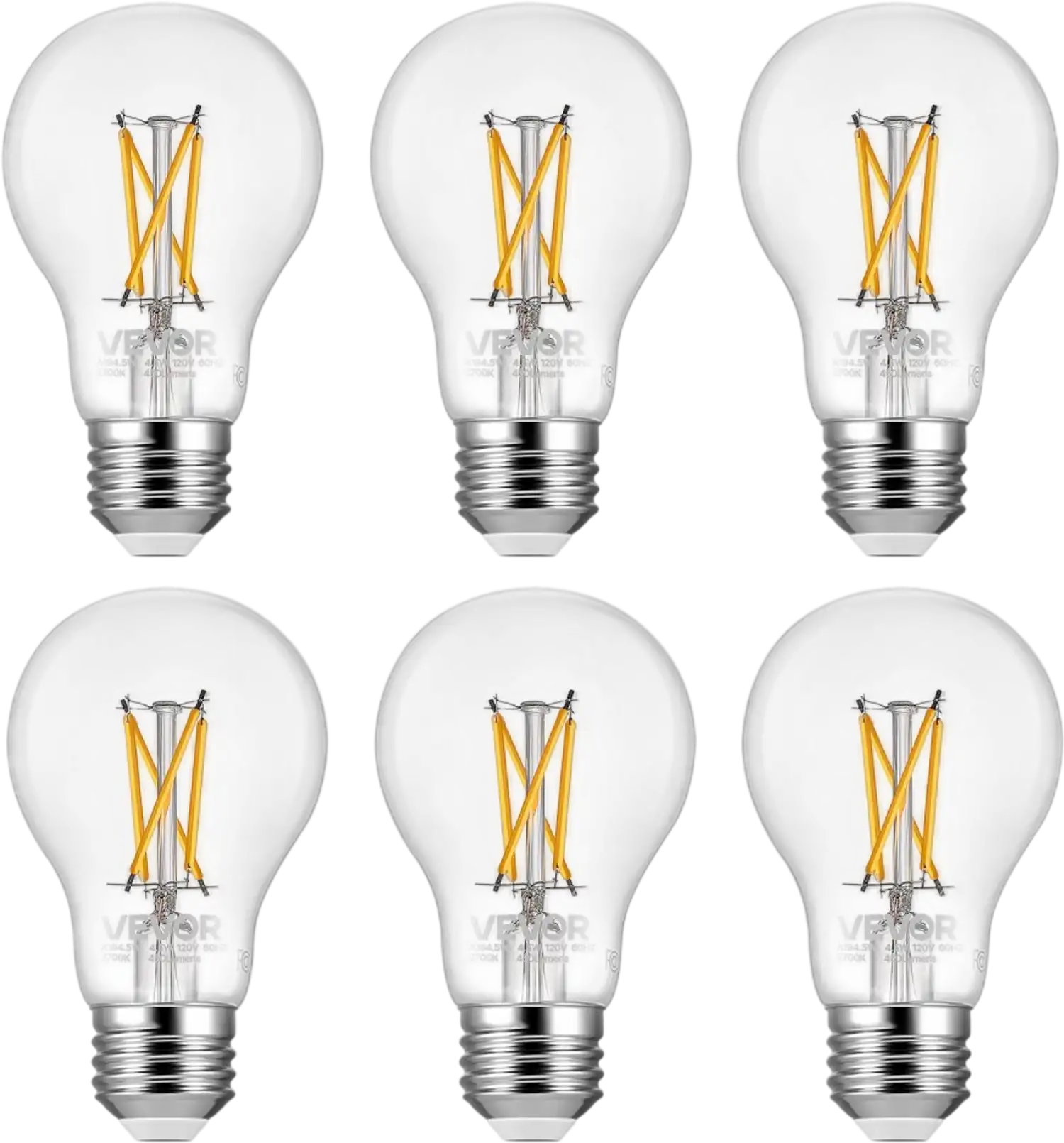 Vevor LED Edison Bulbs A19 4.5W Dimmable 6-Pack 2700K Warm White E26 Antique Glass New