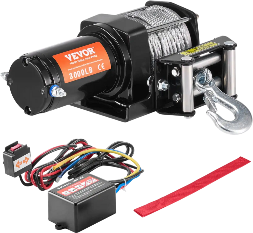 VEVOR Electric Winch, 3000 lb Line Pull Capacity, 12V DC ATV/UTV Winch with Φ3/16 in x 39 ft 7 Strands Steel Cable Roller Fairlead Wired Remote Control, IP55 Waterproof for Towing UTV ATV Off-Road