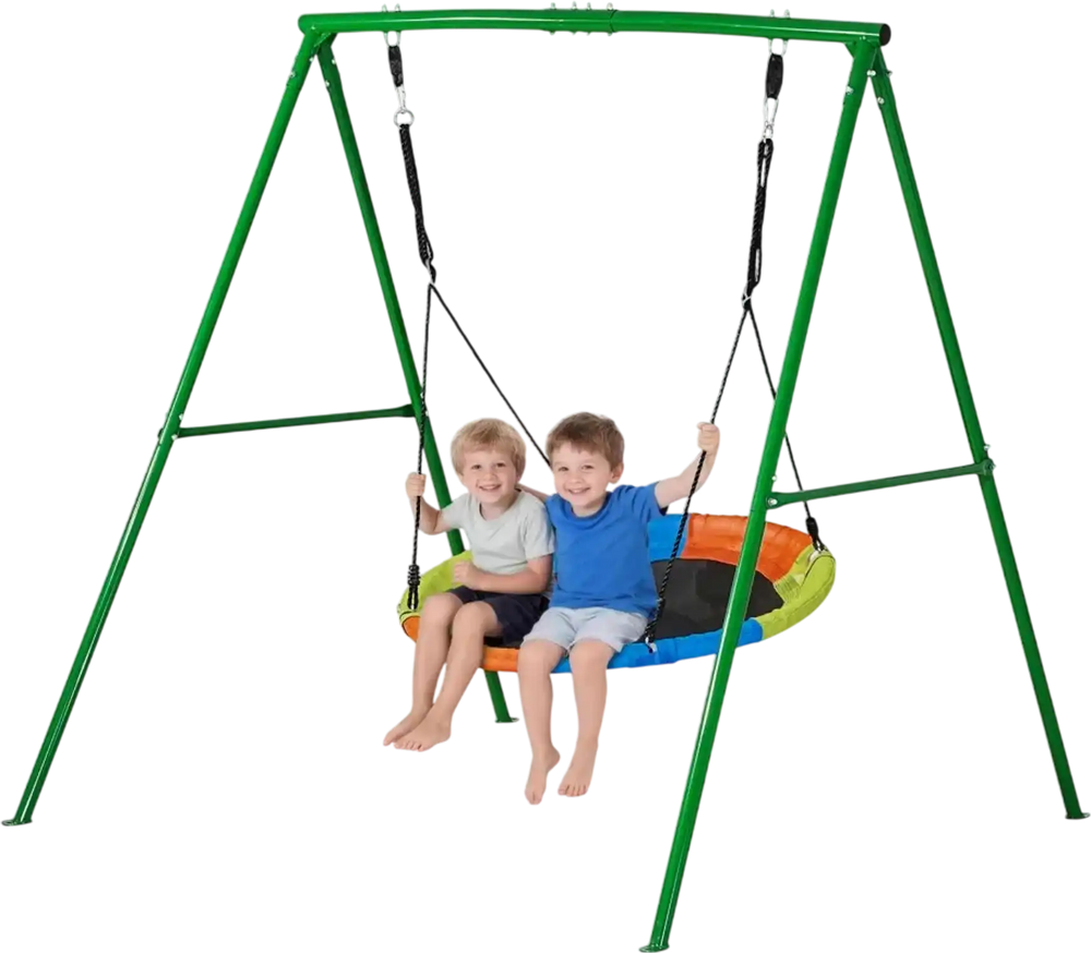 VEVOR Swing Set for Backyard, 40 in Saucer Swing Seat with Heavy Duty A-Frame Metal Stand, 440 lbs Load Capacity, Reinforced with Spiral Ground Anchors, Swingset Outdoor for Kids, Green and Colorful