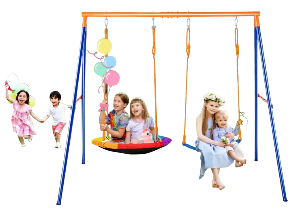 VEVOR Swing Sets for Backyard, 440lbs Load Capacity Swing Set, with 1 Saucer Swing Seat, 1 Belt Swing Seat, Heavy Duty A-Frame Metal Swing Stand and Adjustable Rope, Swingset Outdoor for Kids