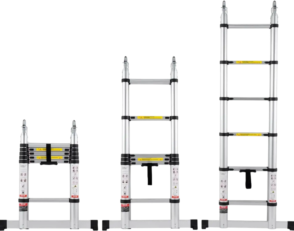 VEVOR Telescoping Ladder, 12.5FT A-Shape Aluminum Extension Ladder Lightweight, Multi-button Retraction Collapsible Ladder, 375 LBS Capacity w/ Stabilizer Bar, Multi-Purpose Ladders for RV, Camper