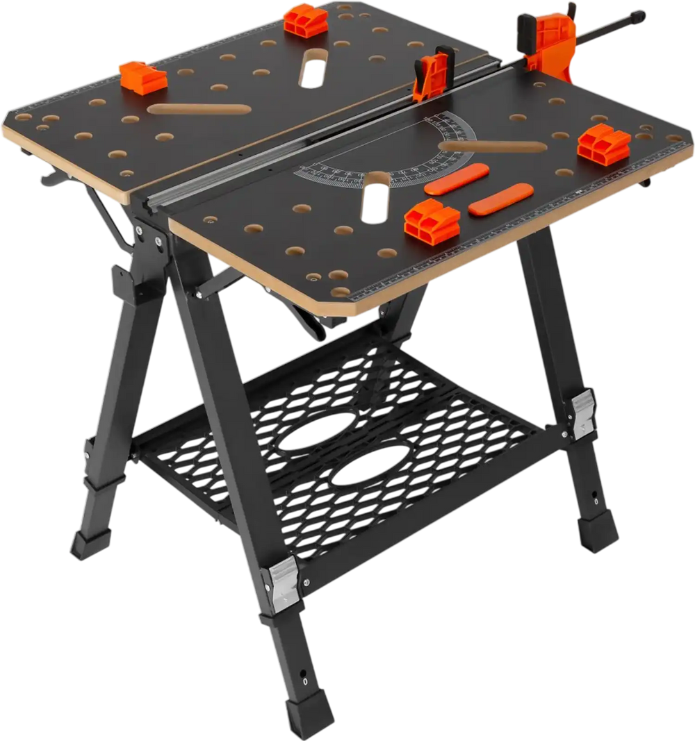 VEVOR Convertible Workstation, Dual-Function as Sawhorse/Workbench, Supports up to 1000 lbs, 7 Height Options, Durable Steel Frame, Compact Folding Design with Wood Clamp, Includes 4 Bench Dogs & 2
