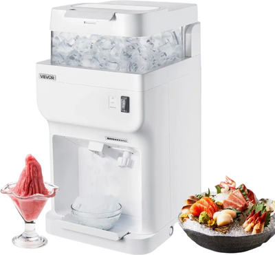 VEVOR Commercial Ice Shaver Crusher, 220lbs Per Hour Electric Snow Cone Maker with 8L Ice Cube Box, 350W 1500RPM Tabletop Shaved Ice Machine for Parties Events Bar, Home and Commercial Use (White)