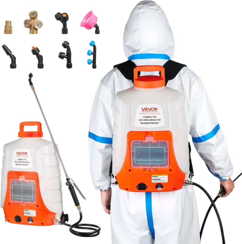 VEVOR Battery Powered Backpack Sprayer, 0-90 PSI Adjustable Pressure, 4 Gallon Tank, Back Pack Sprayer with 8 Nozzles and 2 Wands, 12V 8Ah Battery, Wide Mouth Lid for Weeding, Spraying, Cleaning