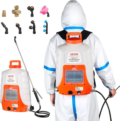 VEVOR Battery Powered Backpack Sprayer, 0-90 PSI Adjustable Pressure, 4 Gallon Tank, Back Pack Sprayer with 8 Nozzles and 2 Wands, 12V 8Ah Battery, Wide Mouth Lid for Weeding, Spraying, Cleaning