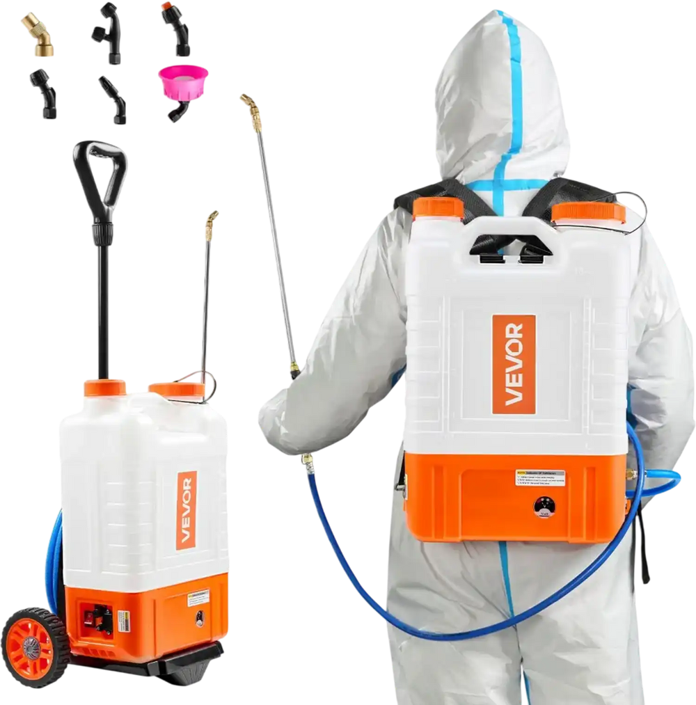 VEVOR Battery Powered Backpack Sprayer with Cart, 0-94 PSI Adjustable Pressure, 4 Gallon Tank on Wheels, with 8 Nozzles and 2 Wands, 12V 7.2Ah Battery, Wide Mouth Lid for Weeding, Spraying, Cleaning