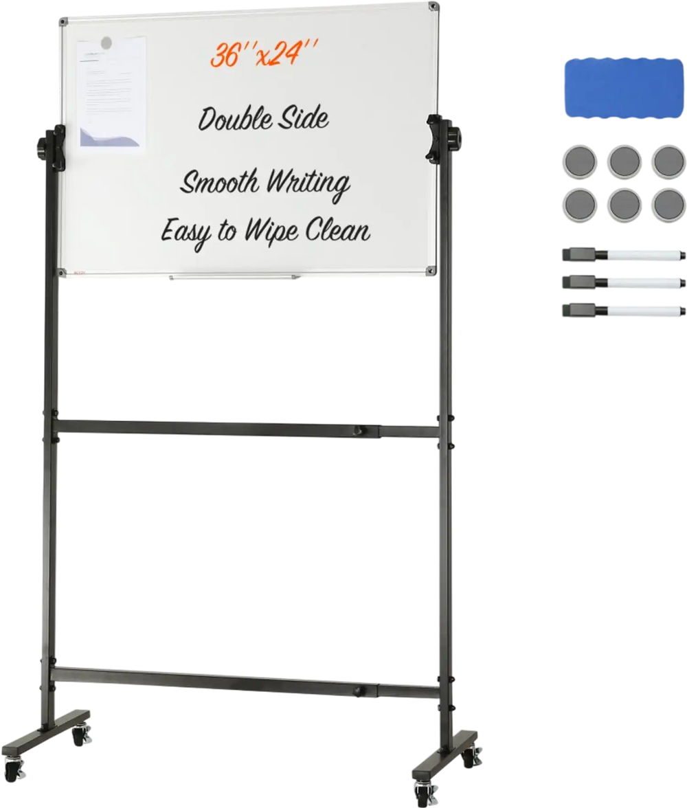 VEVOR Rolling Magnetic Whiteboard, Double-sided Mobile Whiteboard 36x24 Inches, Adjustable Height Dry Erase Board with Wheels, 1 Magnetic Erase & 3 Dry Erase Markers & Movable Tray Office, School