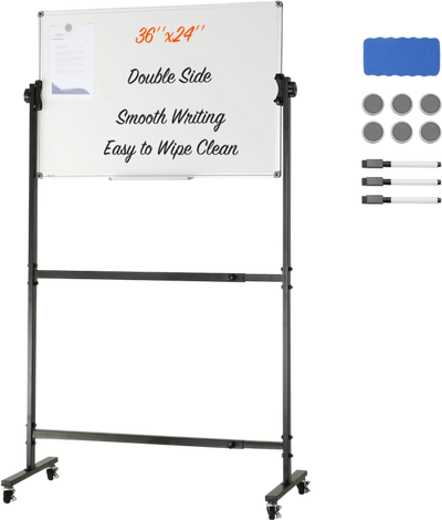 VEVOR Rolling Magnetic Whiteboard, Double-sided Mobile Whiteboard 36x24 Inches, Adjustable Height Dry Erase Board with Wheels, 1 Magnetic Erase & 3 Dry Erase Markers & Movable Tray Office, School