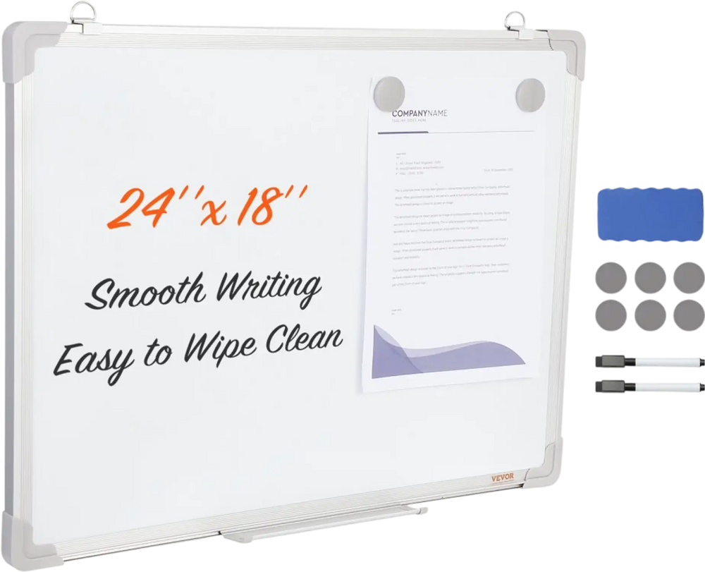 VEVOR Magnetic Whiteboard, 24 x 18 Inches, Dry Erase Board for Wall with Aluminum Frame, White Board Includes 1 Magnetic Erase & 2 Dry Erase Marker & Movable Tray for Office Home Restaurant and School