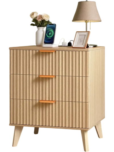 VEVOR Fluted Nightstand with Charging Station, with 3 Drawers, Dresser for Bedroom, Mid Century Modern End Table, Bedside Storage Cabinet Side Table Chest of Dresser, for Bedroom, Living Room, Khaki