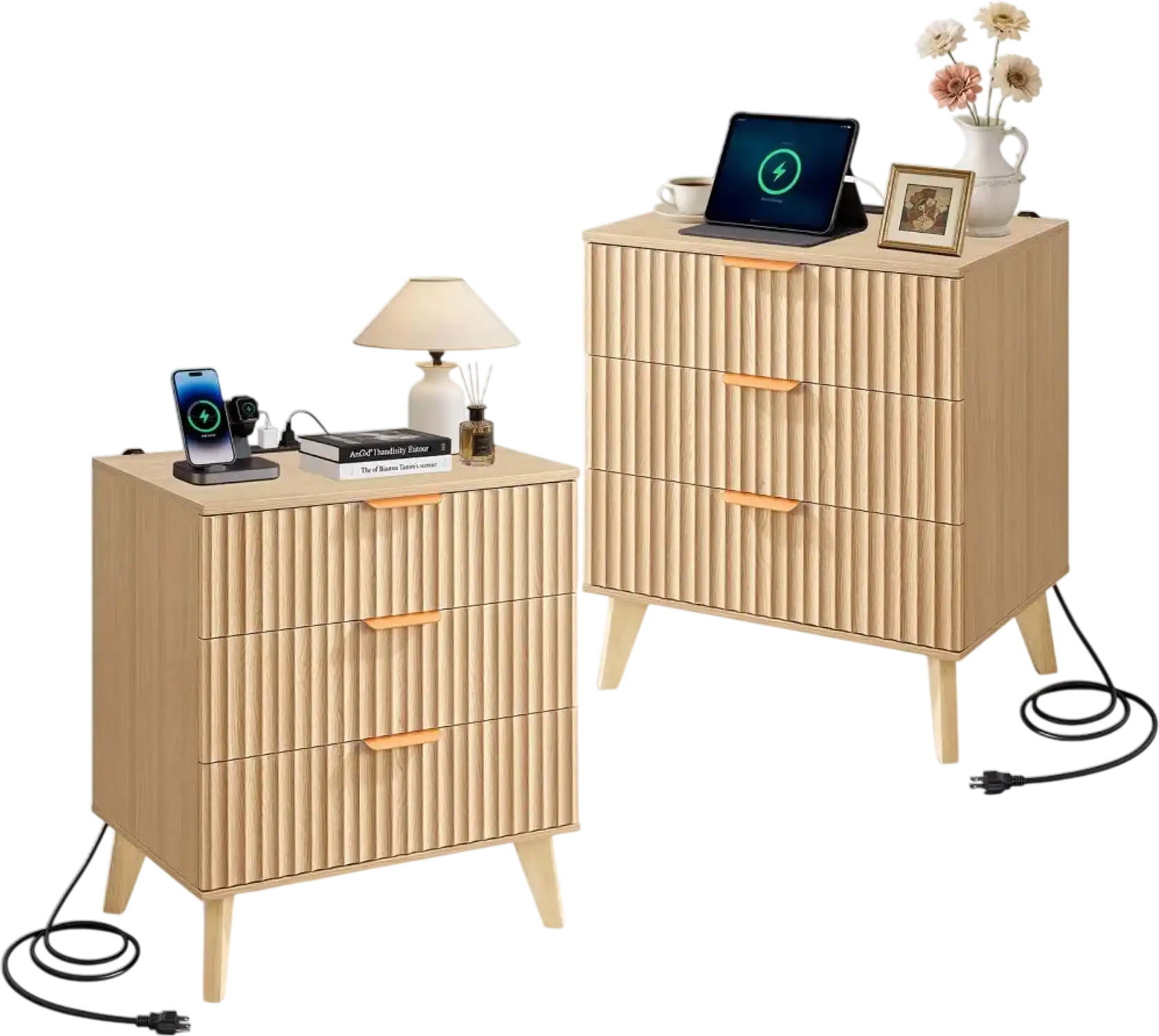 Vevor Nightstand Fluted Charging Station 3-Drawer Set of 2 Khaki New